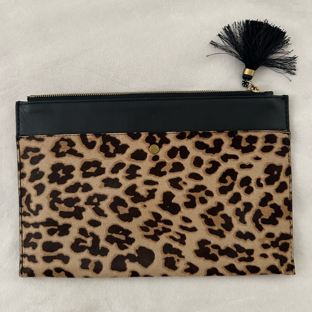 J. CREW Cheetah and Black Leather Clutch